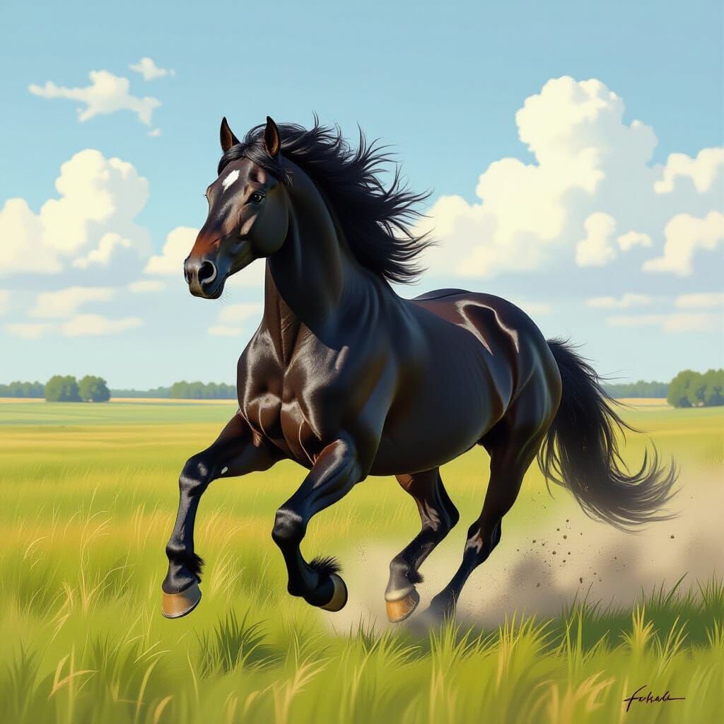 Black Friesian Horse Gallops Through Meadow in Digital Paint...