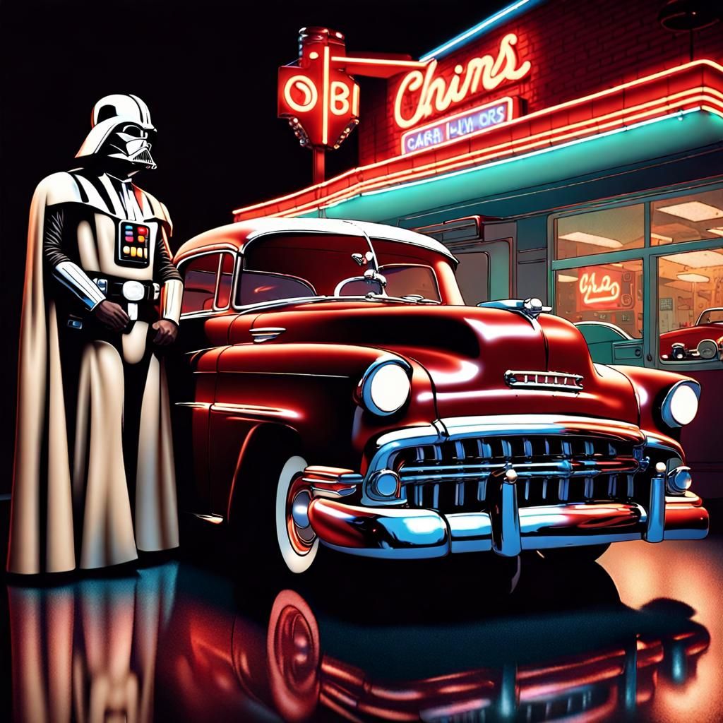 Darth Vader and a classic 1957 Chevy. Perfection.