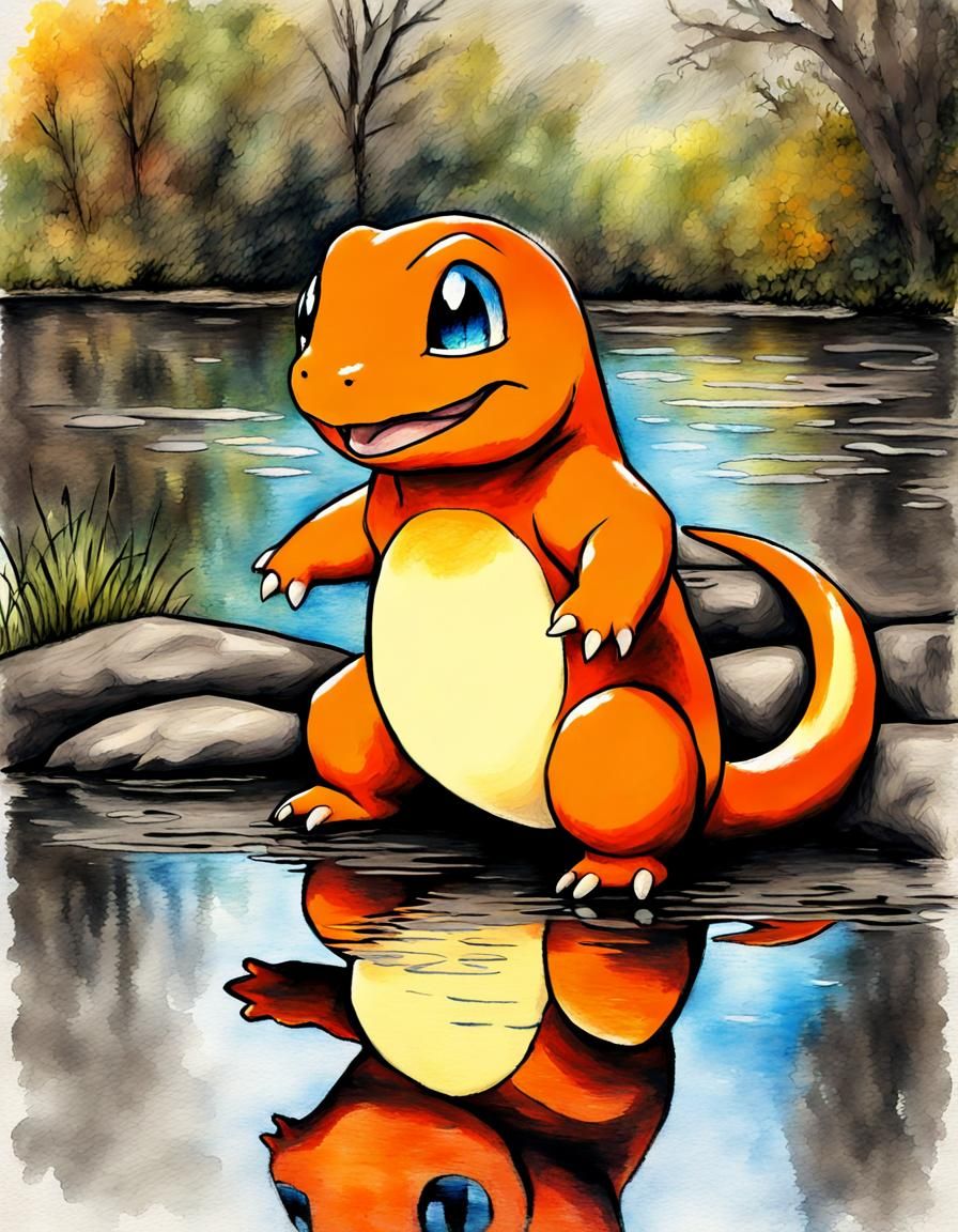 Rustic Charmander in Post-Impressionist Charcoal Illustratio...