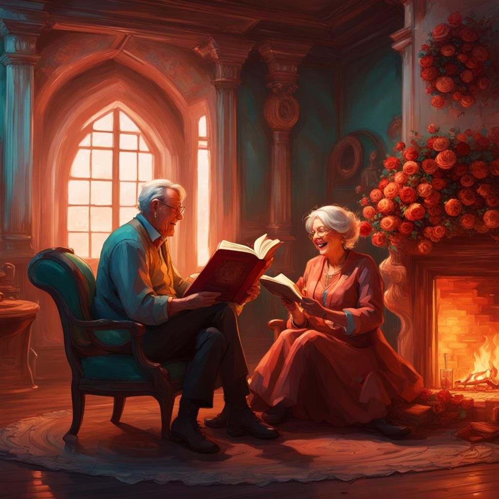 Cozy Couple Reading by Fireplace with Roses