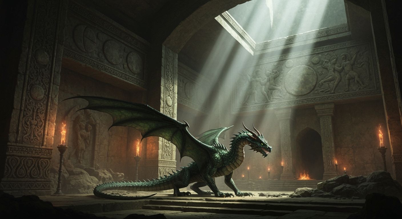 Ancient Dragon Guards Temple Hoard in Epic Fantasy Art