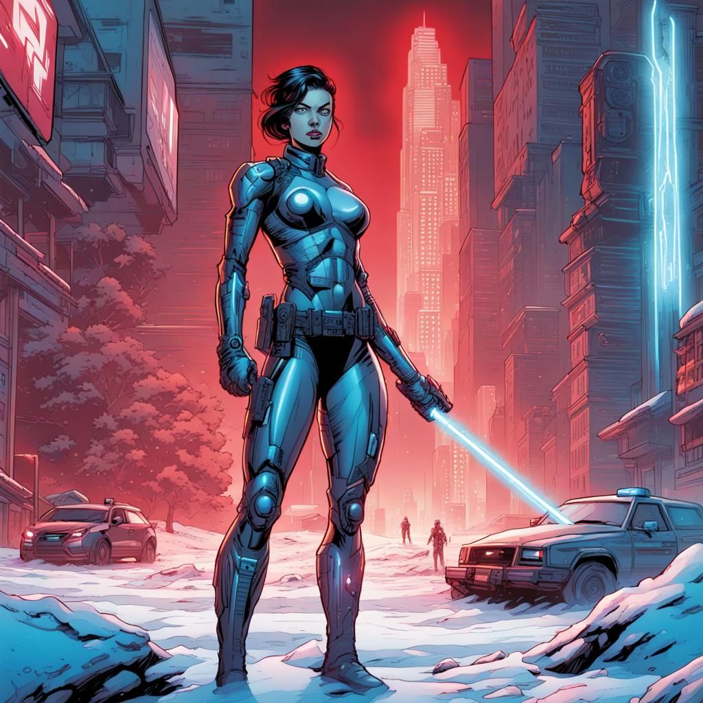 Cyborg Woman in Neon City Fight