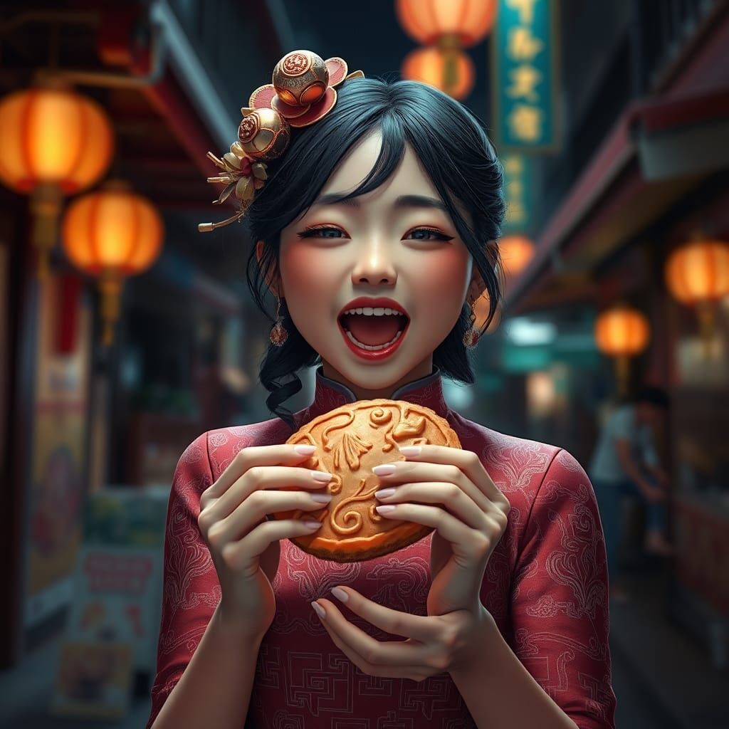 Girl in Cheongsam Eating Mooncake, Chinatown, Digital Art