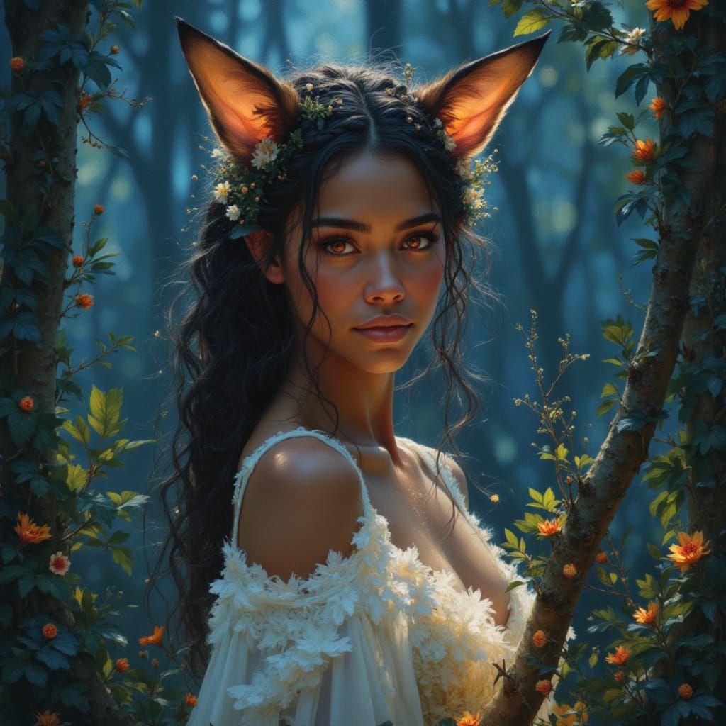 Ethereal Fox-Woman Goddess in Mystical Forest