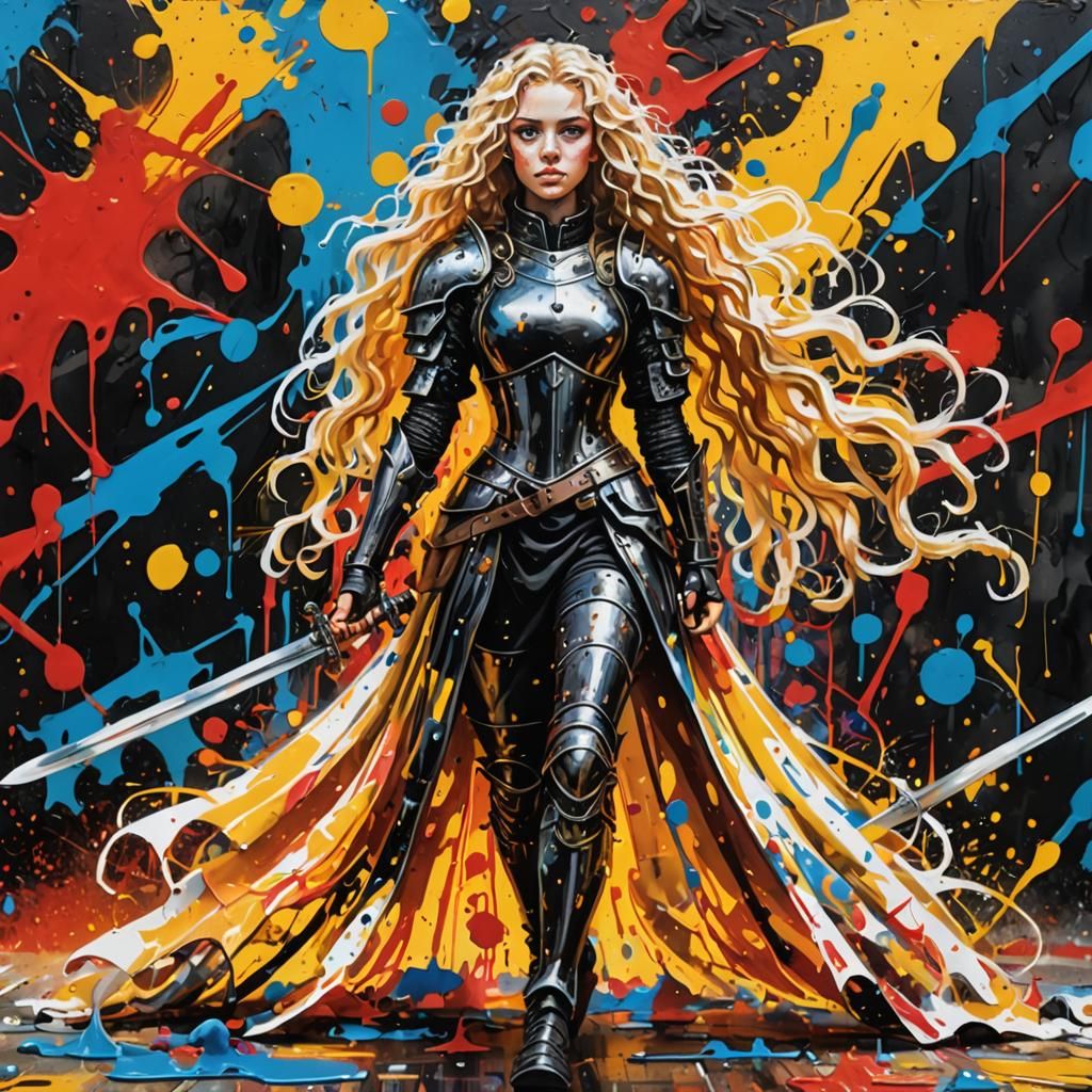 Armored Woman in Graffiti Art Style Training Room