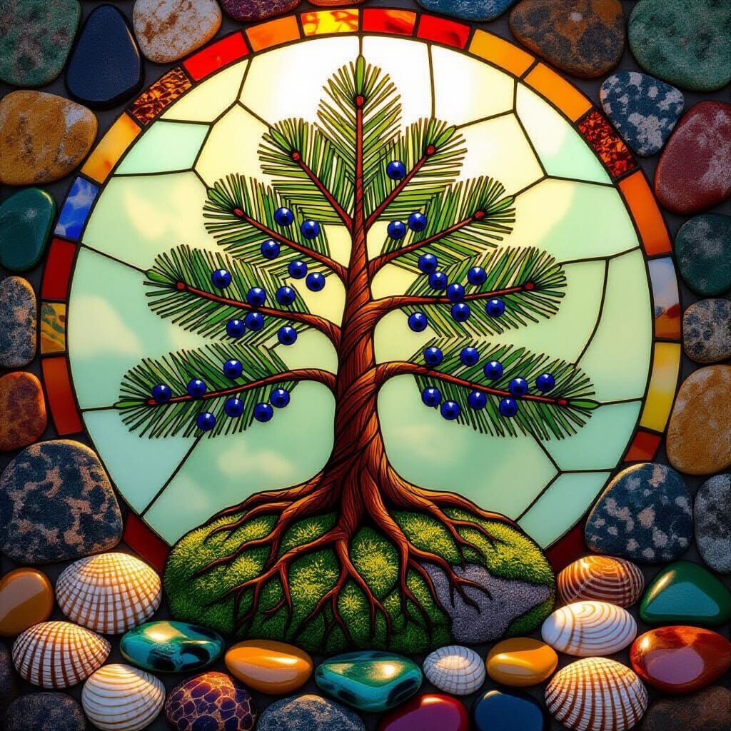 Stained Glass Juniper Tree in Tiffany Style