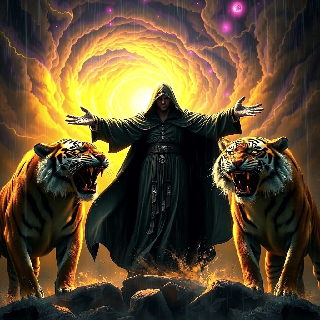 Mysterious Figure Commands the Elements in a Stormy Night