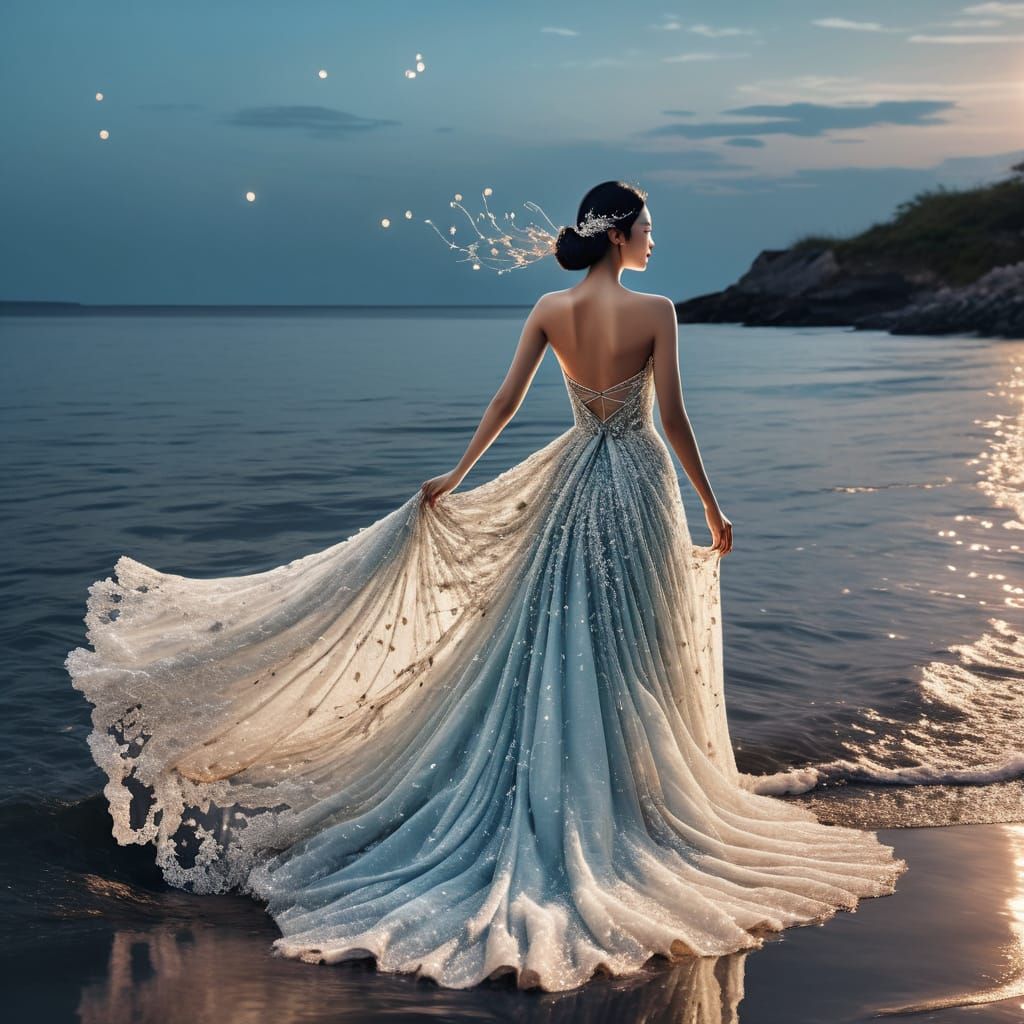 Extreme wide shot of breathtakingly beautiful woman, adorned...