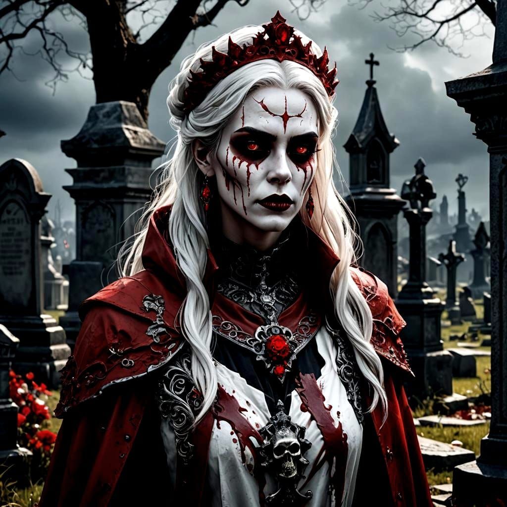 Gothic Blood Queen in Cemetery, Detailed Digital Painting