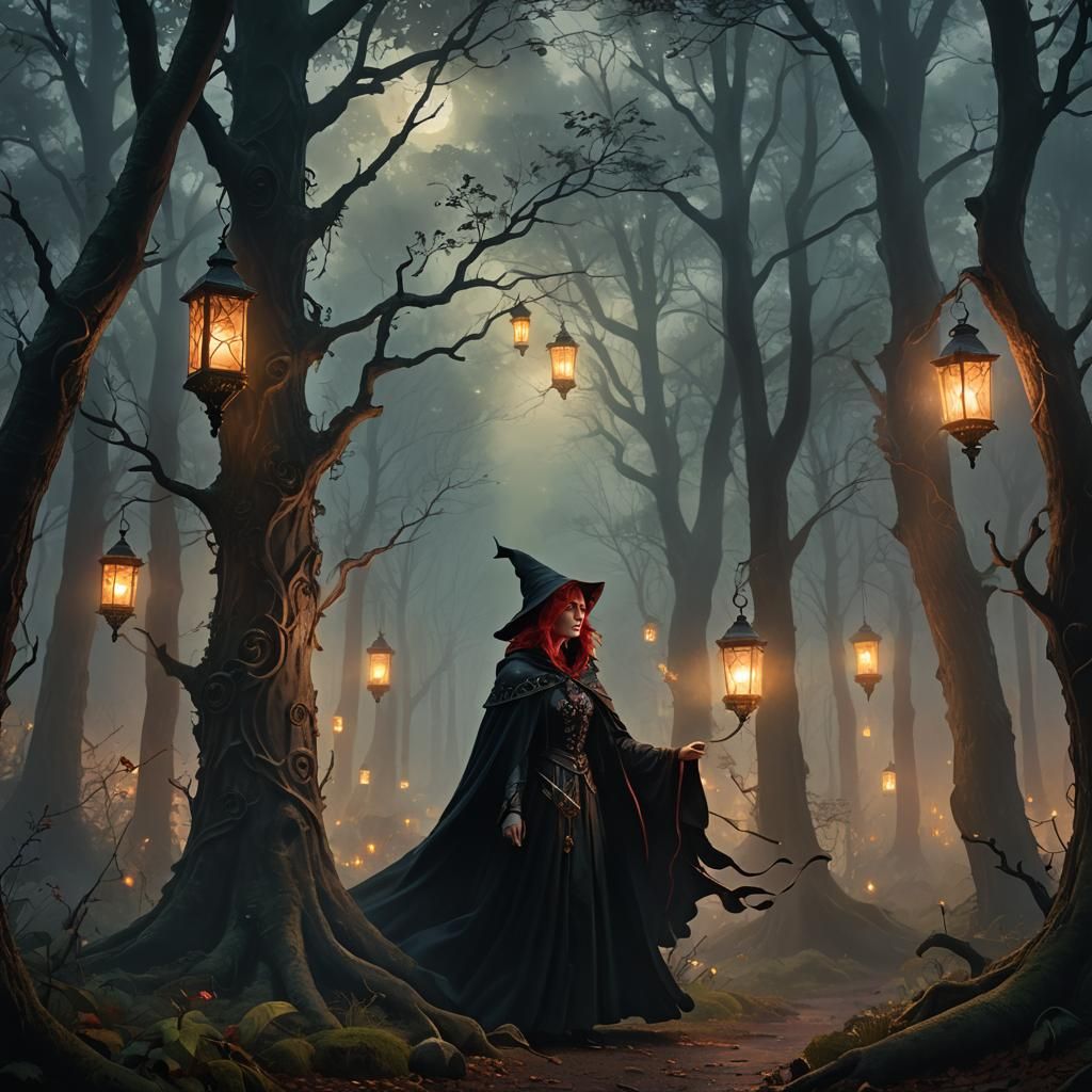 Ethereal Shadow Elf Witch in Gloomy Forest