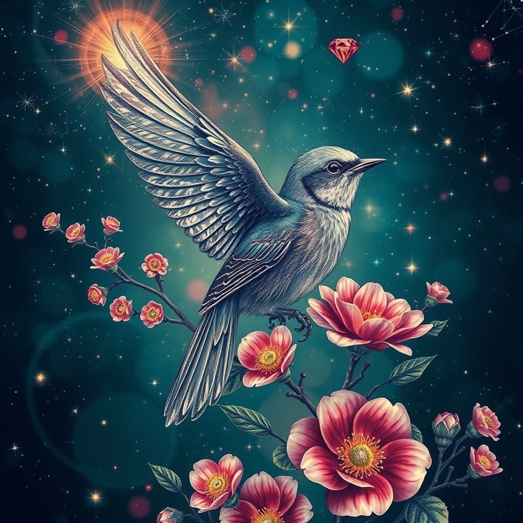 Birds Amidst Glittering Jewels and Blooms
