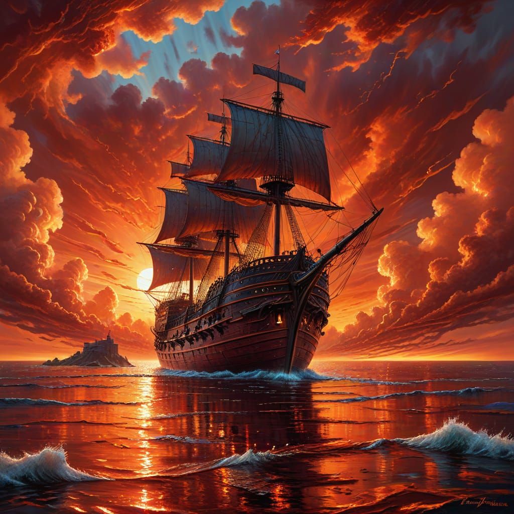 Crimson Sunset: A Fantasy Oil Painting of a Ship