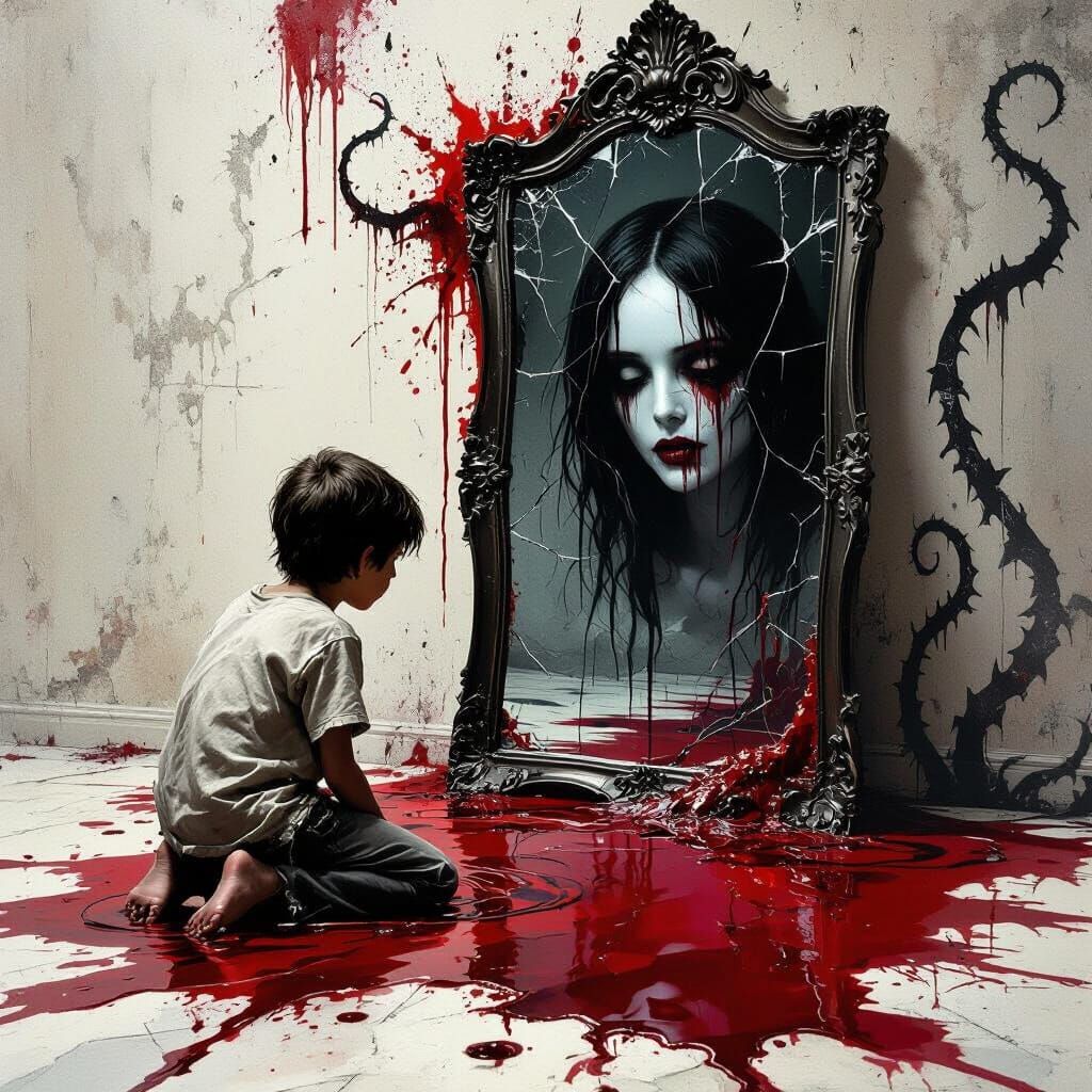 Surreal Demonic Woman Reflected in Shattered Mirror