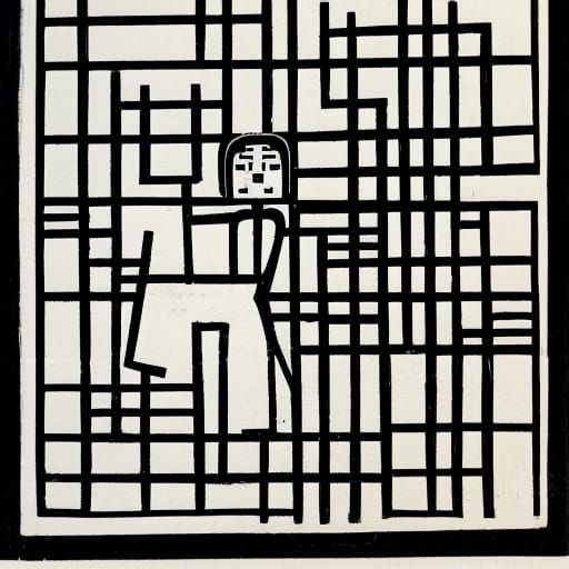 Meditators on Skateboard in Cave: Linocut Style