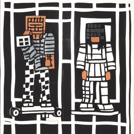 Meditating Skaters in Cave: Black and White Linocut