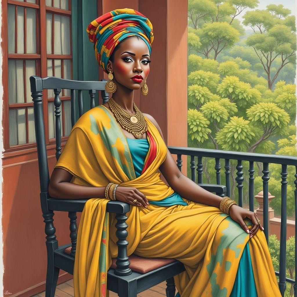 African Woman in Forest Setting Watercolor Painting