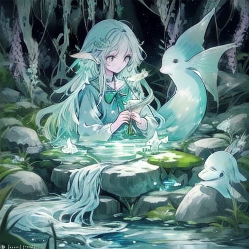 Mermaid's Grotto: Bioluminescent Watercolor Dreamscape