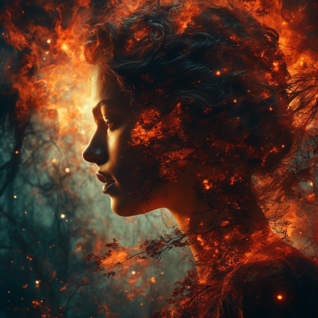 Surreal Woman in Wildfire and Space Double Exposure