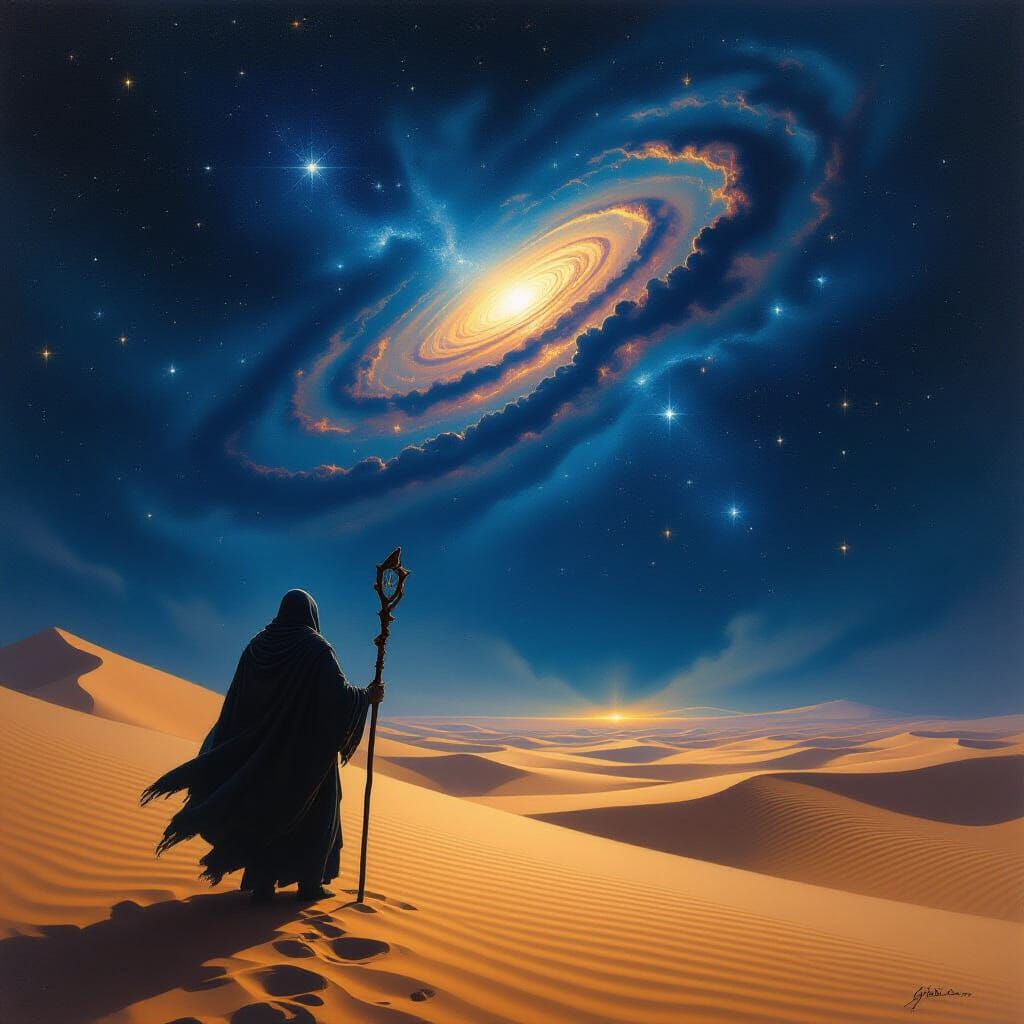 Ancient Explorer Gazes at Nebula Over Shimmering Desert