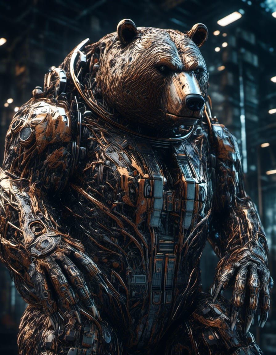 Cybernetic Bear: Hyperrealistic Sci-Fi Ground-Level View