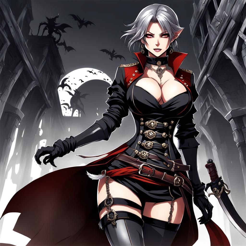 Anime-Style Vampire Pirate Goddess in Gothic Dress