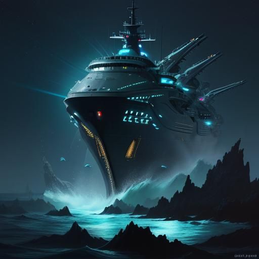 Alien Piloting Battleship Yamato in Bioluminescent Deep Sea