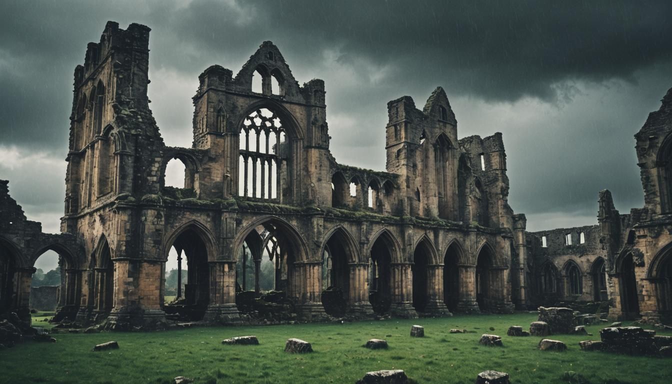 Dramatic Abbey Ruins in the Rain: Cinematic Film Still
