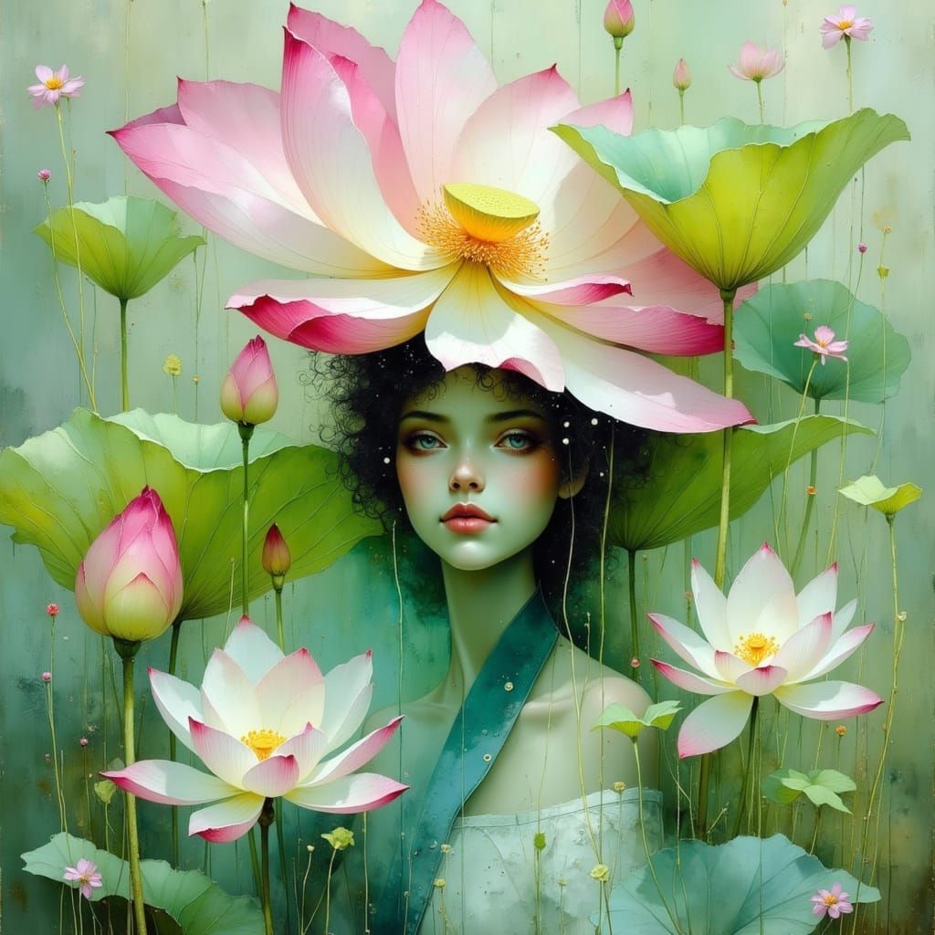 Enchanting Lotus Shapeshifter Goddess in Soft Watercolour St...