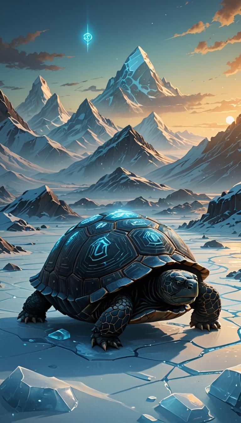 Mystical Black Tortoise in Winter Landscape, Fantasy Art