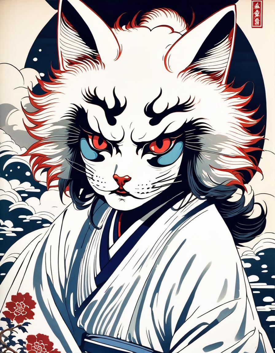 Nightmarish Youkai Bakeneko Nekomata in Ethereal Ukiyo-e