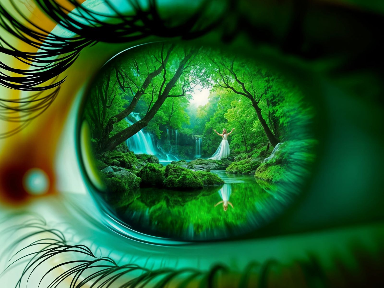Realistic Green Eye with Glowing Forest Reflection