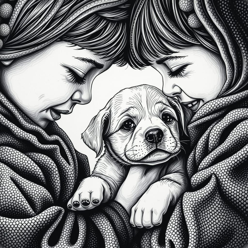 Children and Puppy in Pointillism Style
