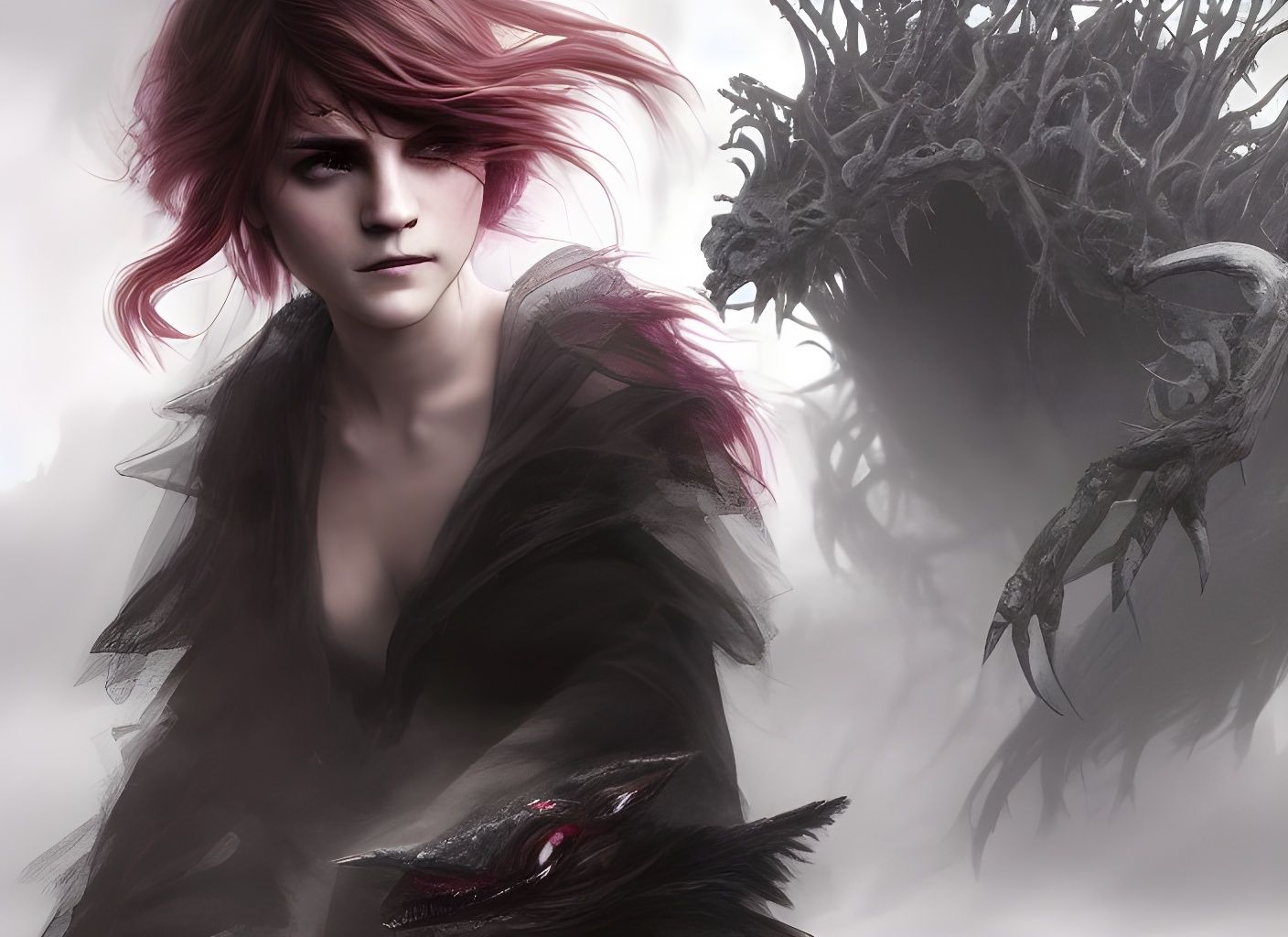 Dark Sorceress with Red Eyes in Library