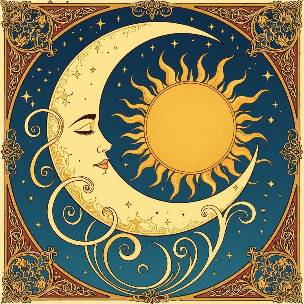 Mystical Moon and Sun Celestial Dance in Art Nouveau