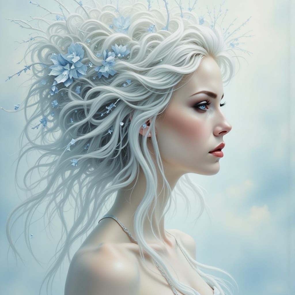 Ethereal Woman with Waterfall Hair in Pre-Raphaelite Style