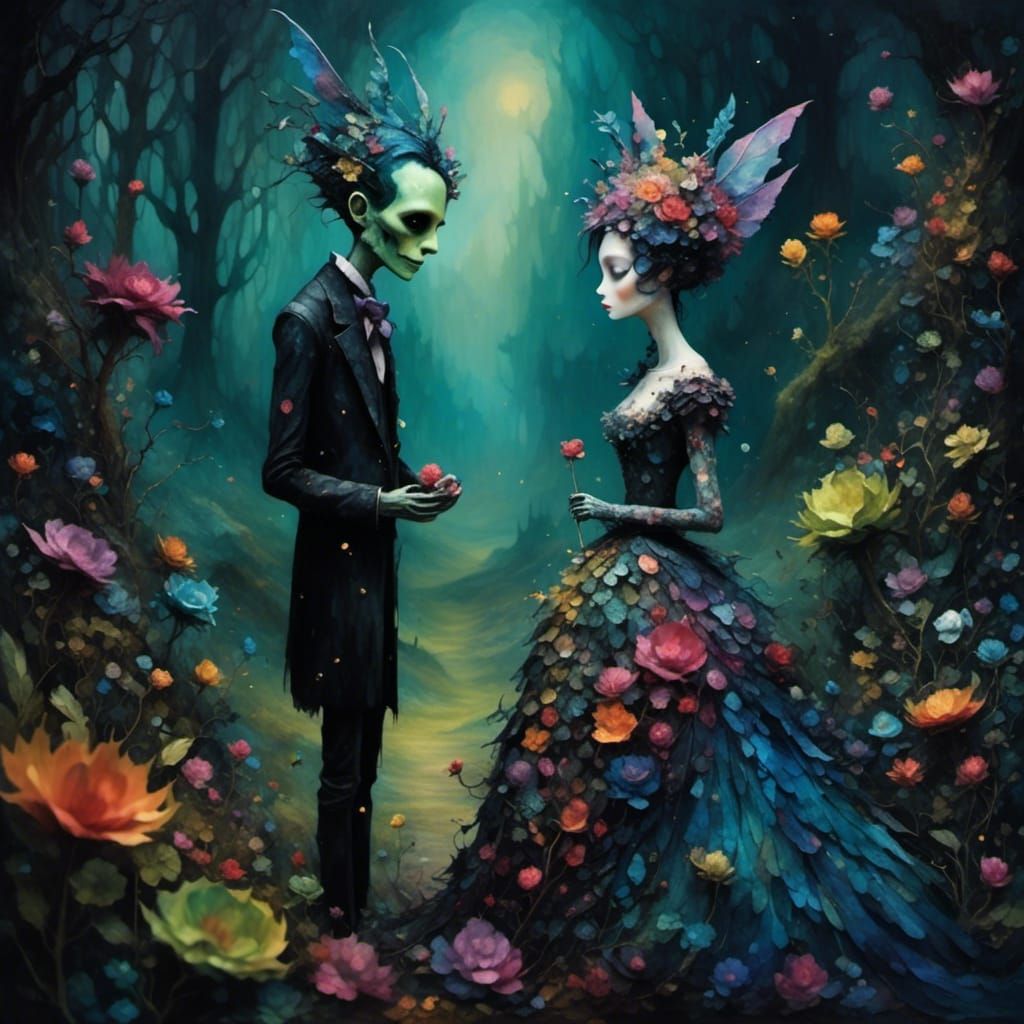 Iridescent Biopunk Goblins Cuddle in Surreal Landscape