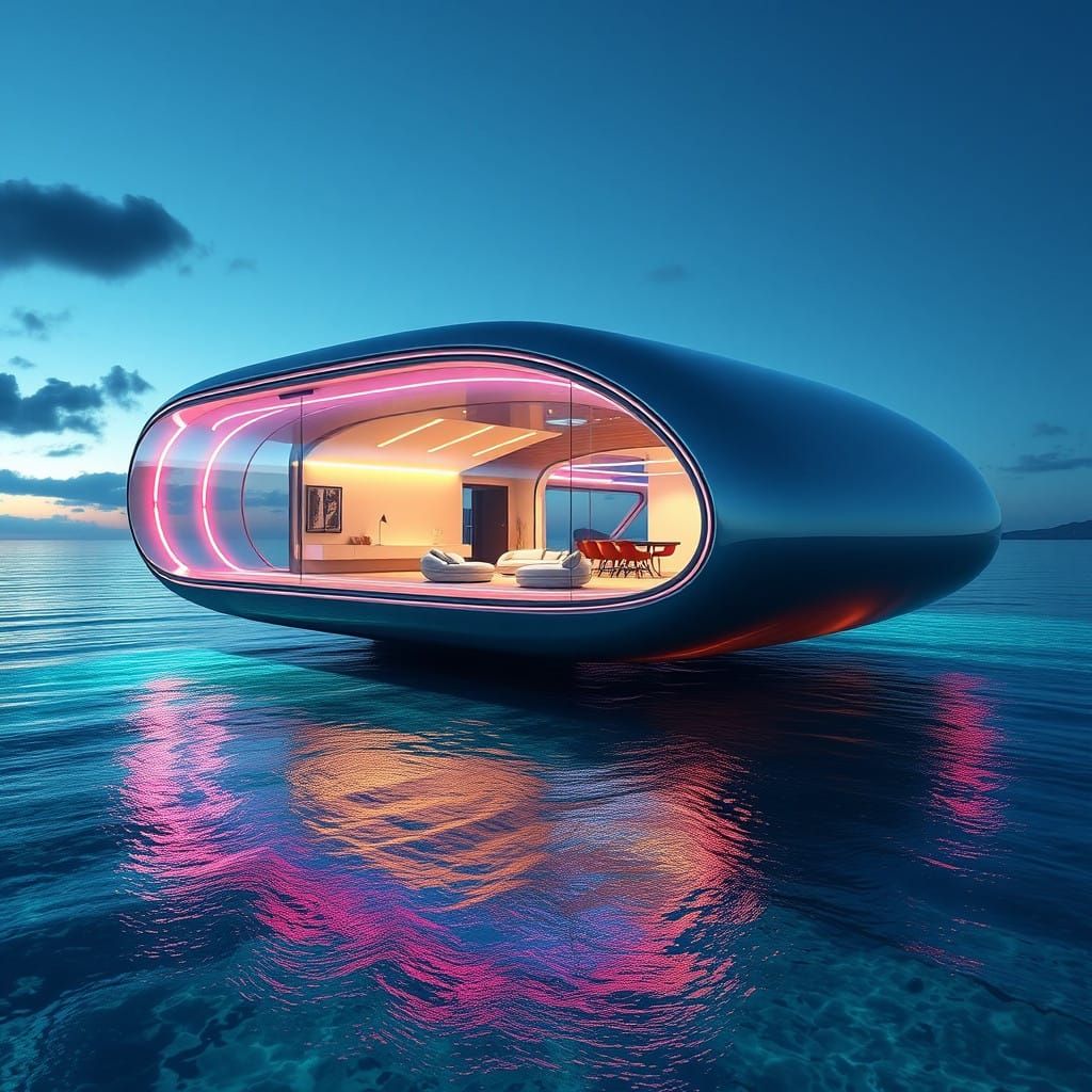 Sleek Futuristic Waterfront Abode with Dynamic LED Accents