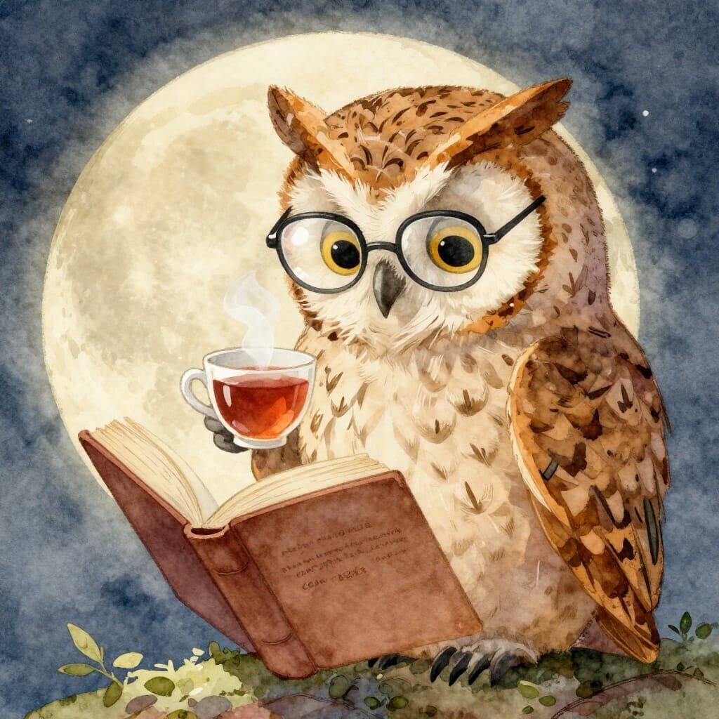 Wise Owl Reads on Moon with Tea, Watercolor Style