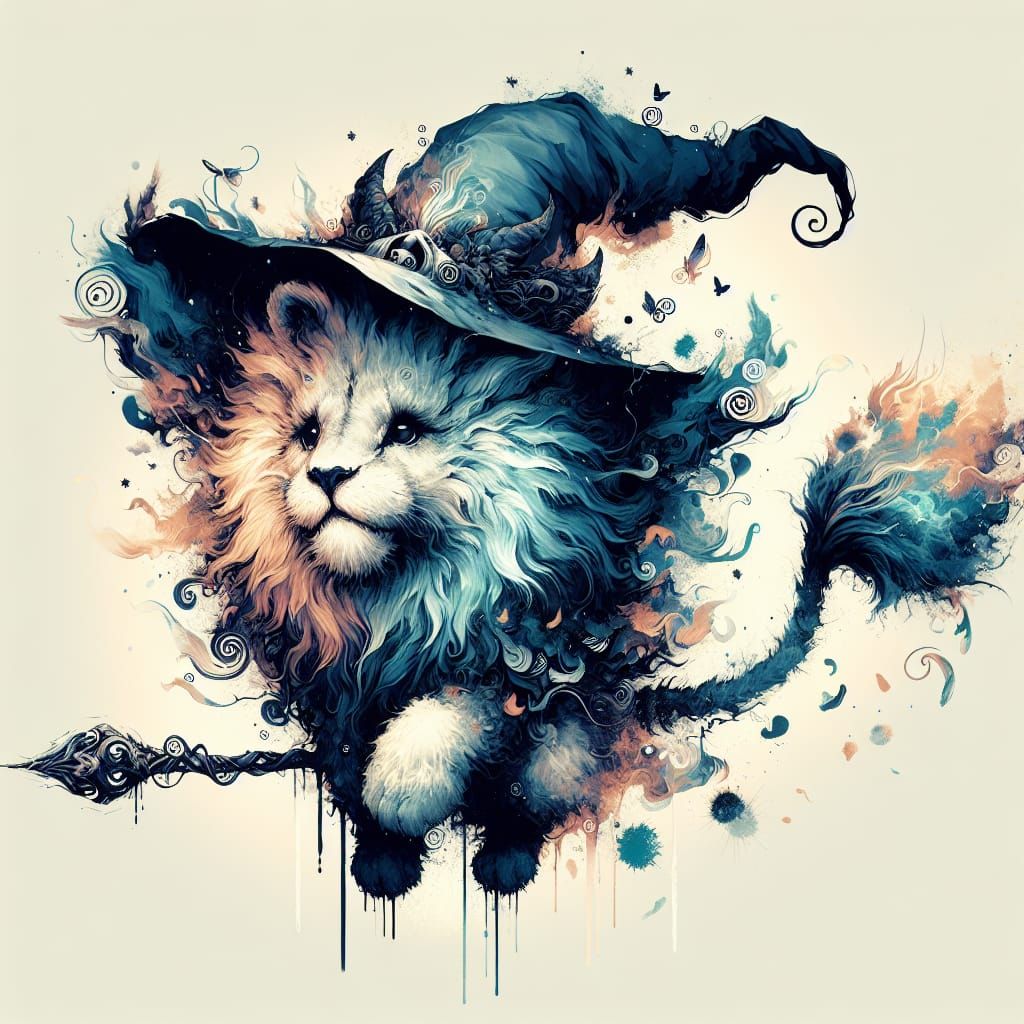 Minimalist Lion Witch Illustration in Ink and Watercolor