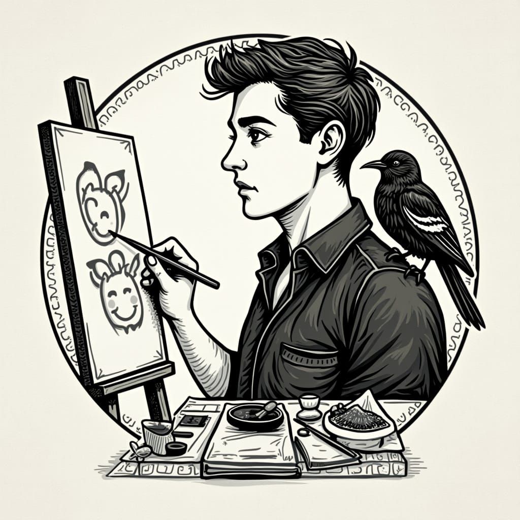 Man Painting with Bird: Minimalist Black and White Art