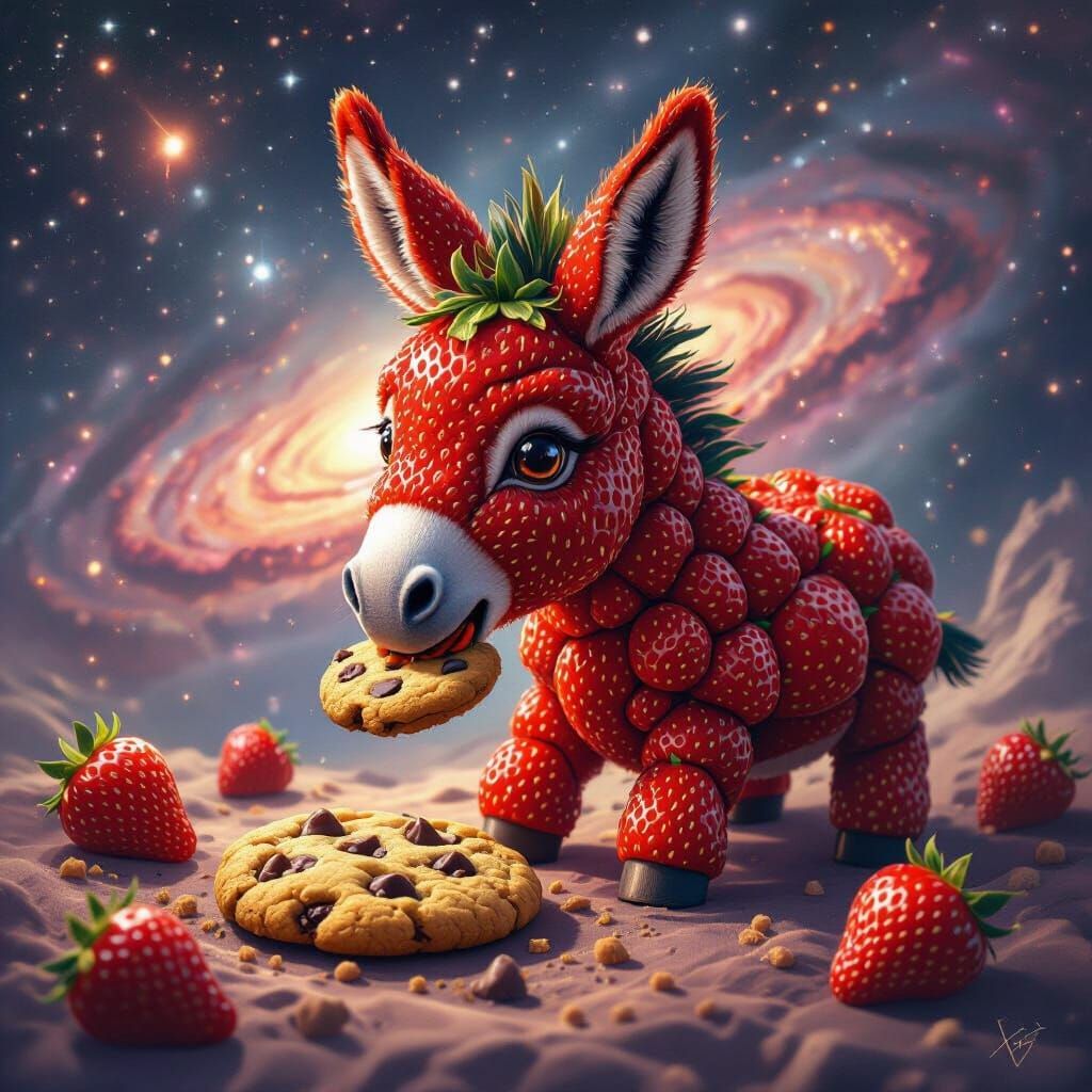 Strawberry Donkey Eats Cookie in Cosmic Nebula