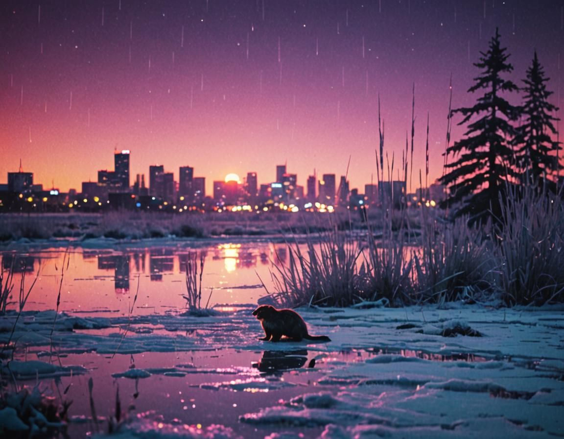 Muskrats on Thin Ice in Synthwave Neon Retro Style