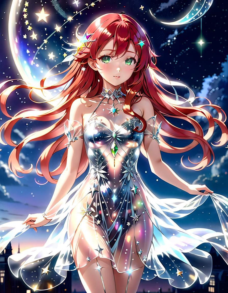 Anime Woman in Glass Dress Under Night Sky