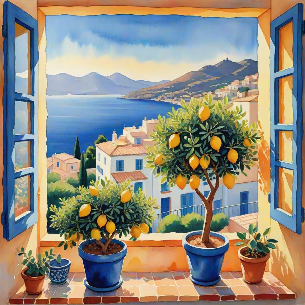 Lemon Tree with Mediterranean View in Matisse Style
