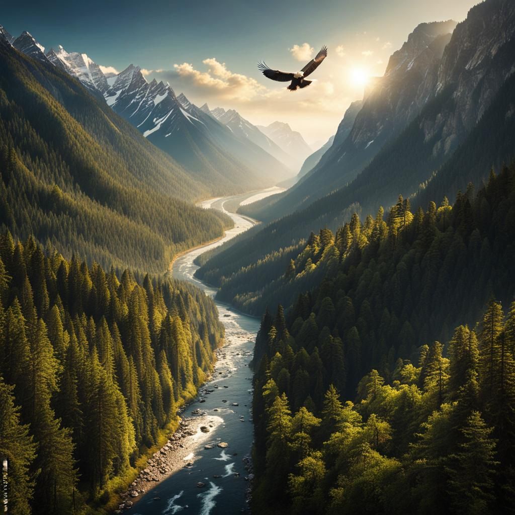 Epic Mountain Landscape with River and Eagle