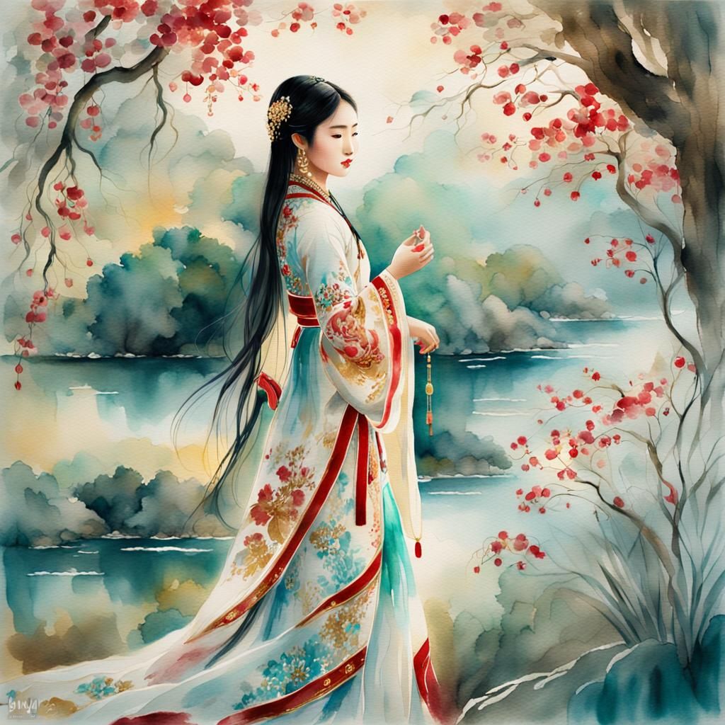 Asian Woman Portrait in Watercolor Style