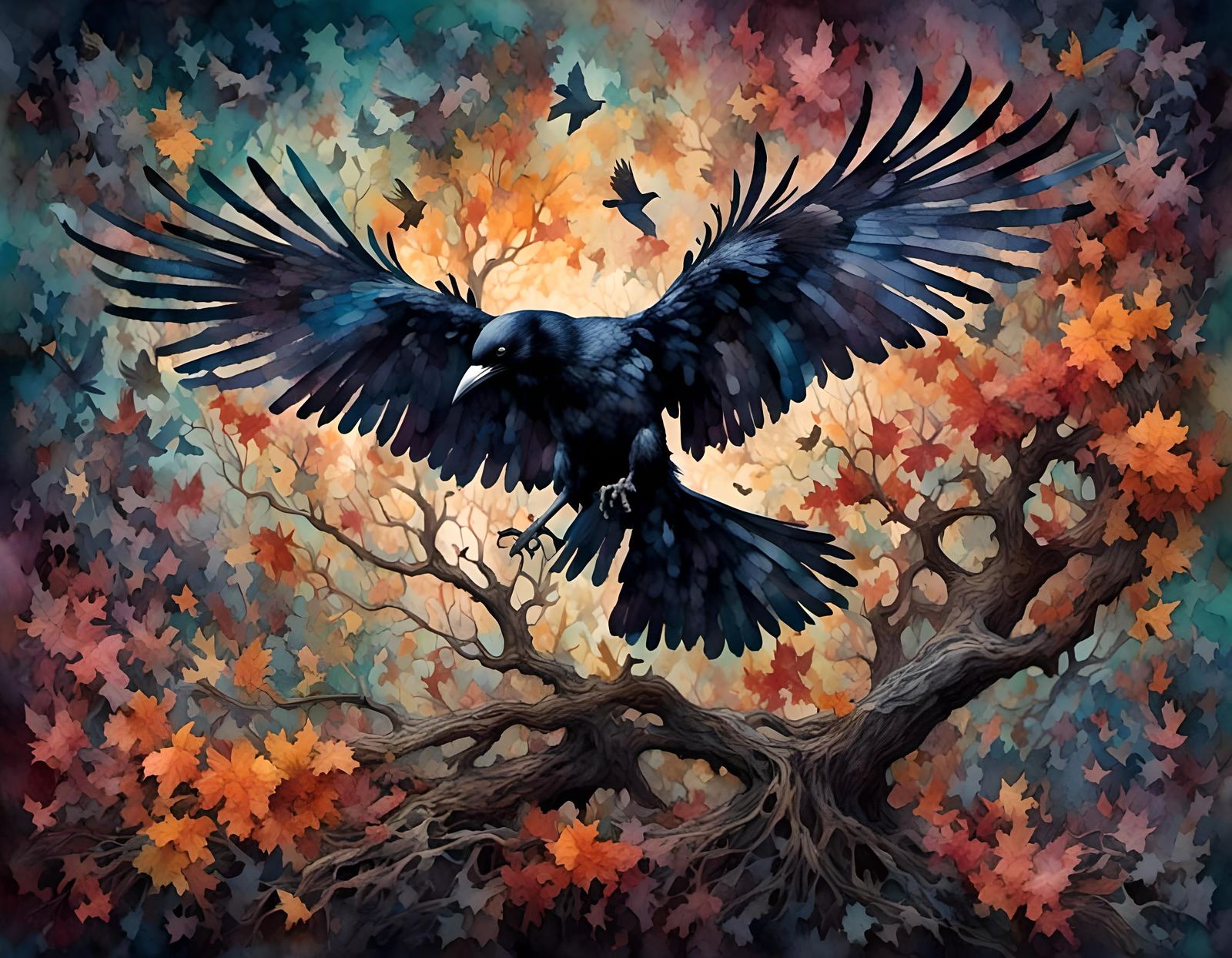 Grotesque Crow Garden: A Surreal Watercolor Painting