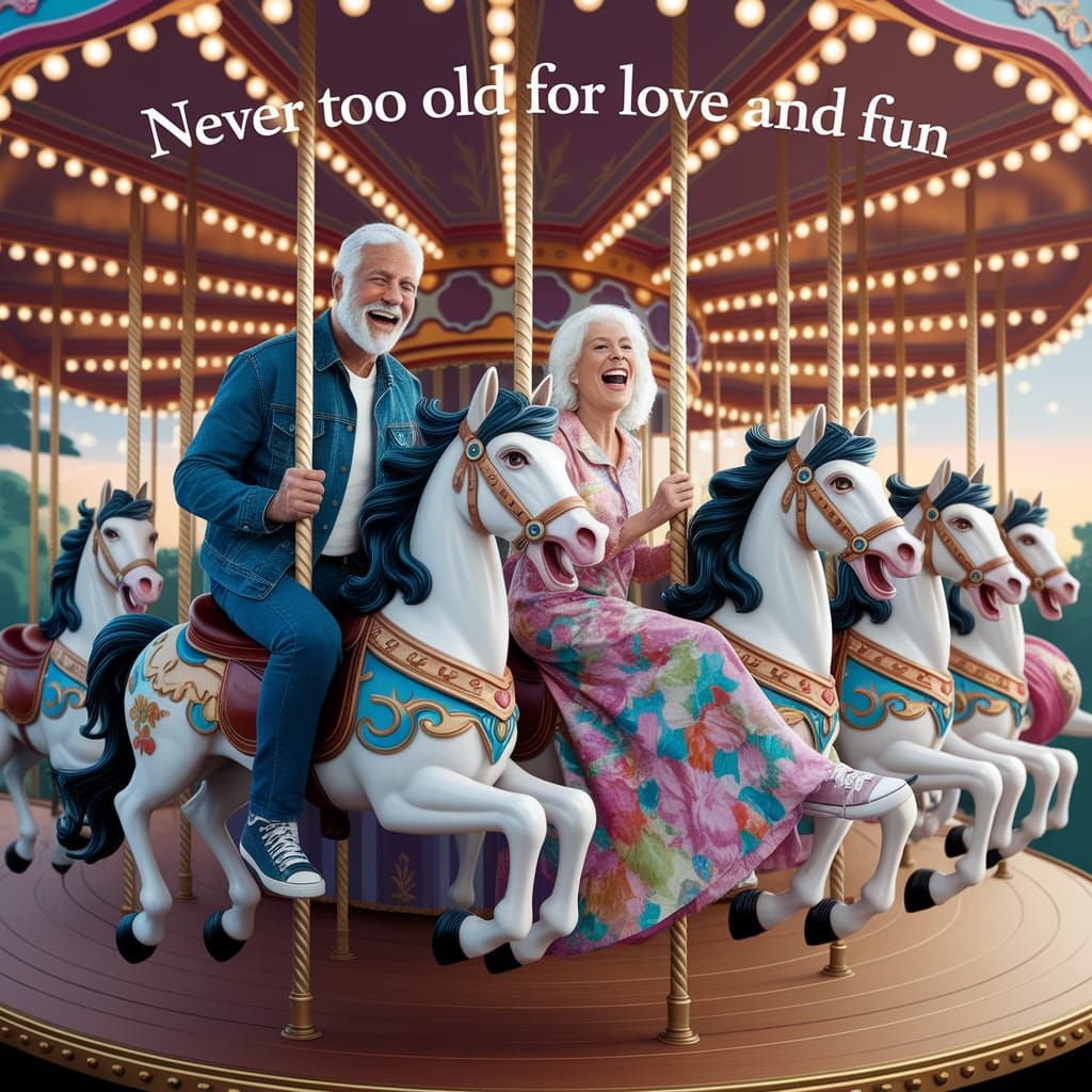 Elderly Couple Joyfully Ride Carousel in Storybook Illustrat...