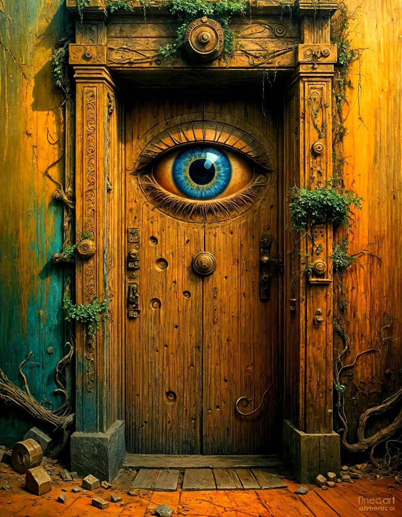 Surreal Eye in Doorway: A Digital Beksinski-Style Painting