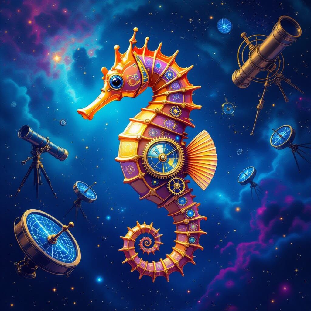 Clockwork Seahorse in Cosmic Nebula, Retro-Futuristic Art